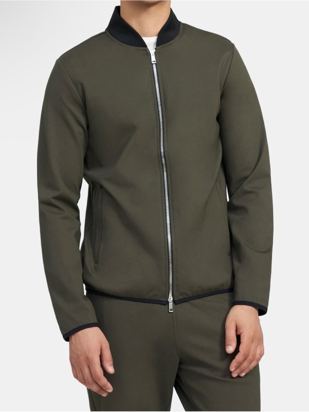 Theory Men's Bomber Jacket Olive Green Zip-Up with Black Collar Large